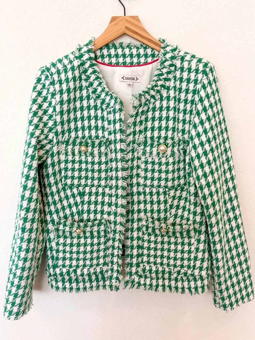 Nanette Lepore Green White Houndstooth Tweed Jacket Size 8 EUC — Chanel Style